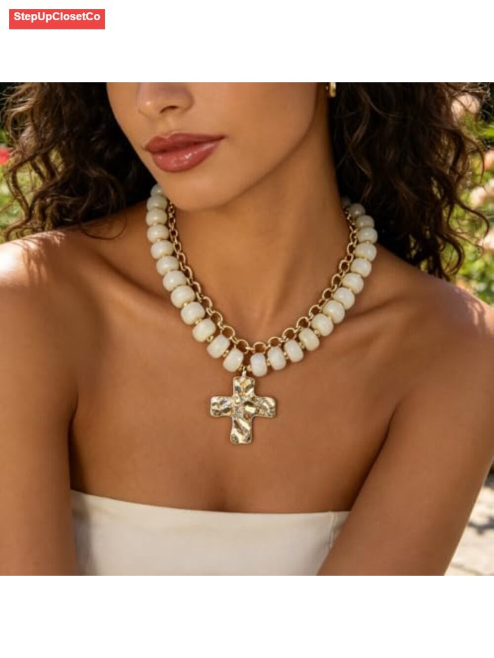 Gold Plated Chunky Beaded Cross Layered Necklace Adjustable Lobster Clasp - Picture 6 of 6